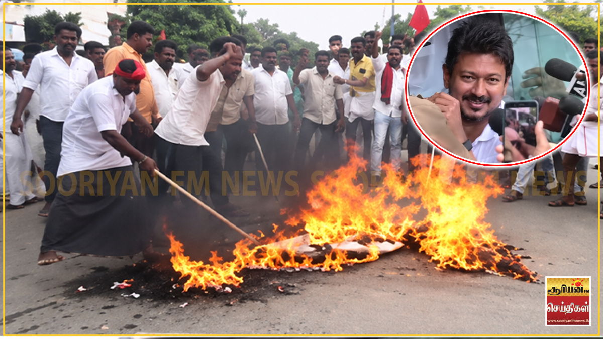உதயநிதி ஸ்டாலின் கைதுக்கு எதிர்ப்பு : முதலமைச்சர் விஜய்யின் உருவ பொம்மை எரிப்பு!